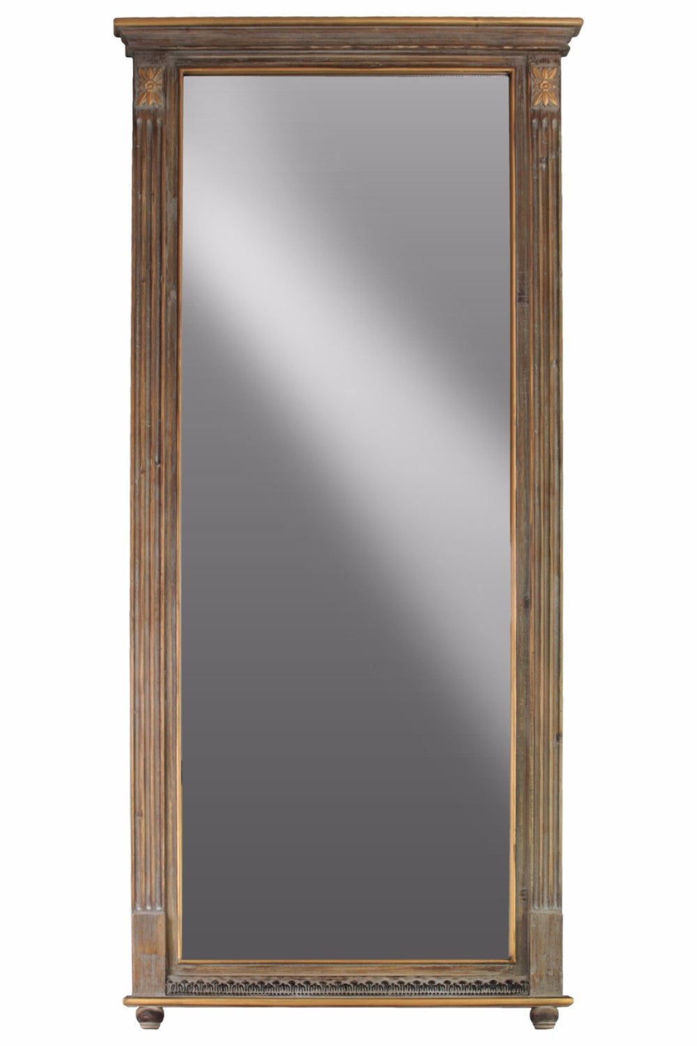 Wood Rectangular Wall Mirror with Tabernacle Design Frame - Brown -Benzara