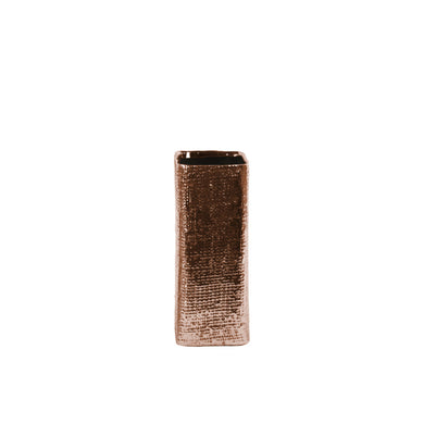 Tall Square Vase with Engraved Criss Cross Design - Small - Copper - Benzara