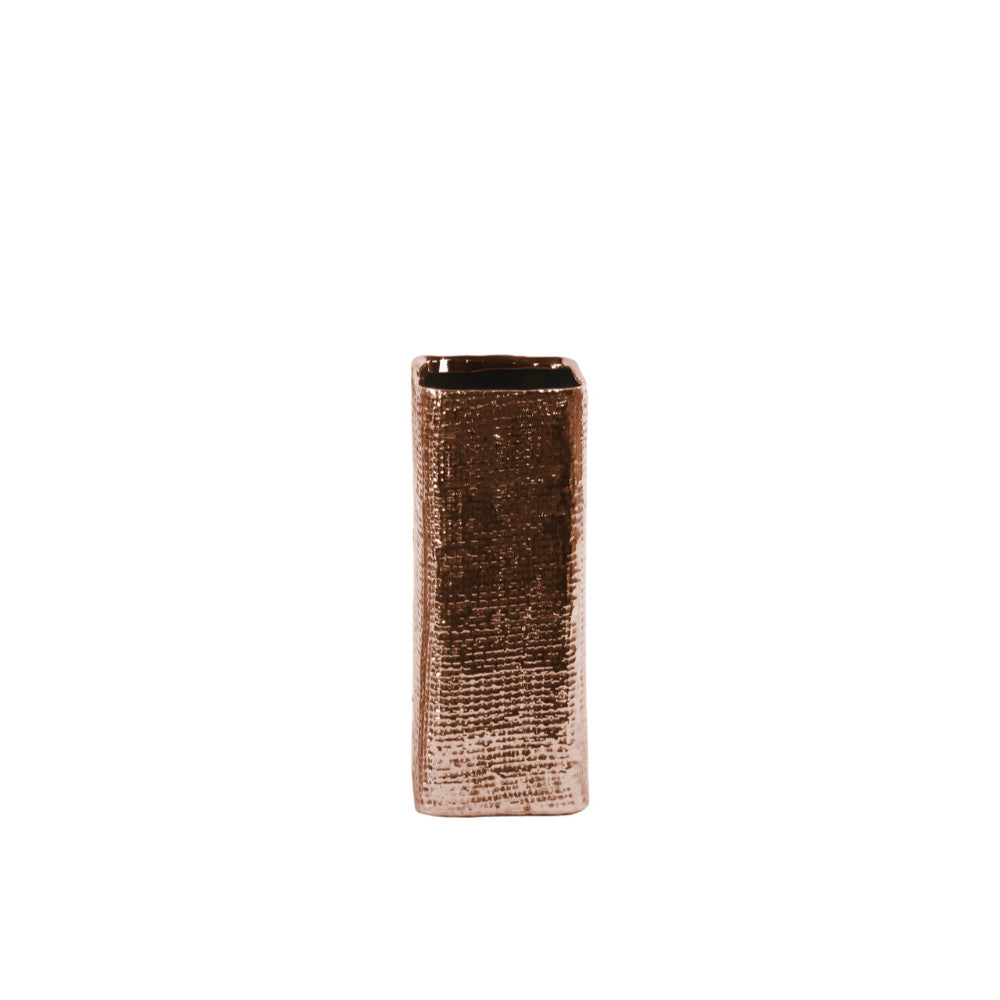 Tall Square Vase with Engraved Criss Cross Design - Small - Copper - Benzara