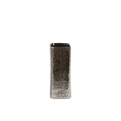 Tall Square Vase with Engraved Criss Cross Design - Small - Silver