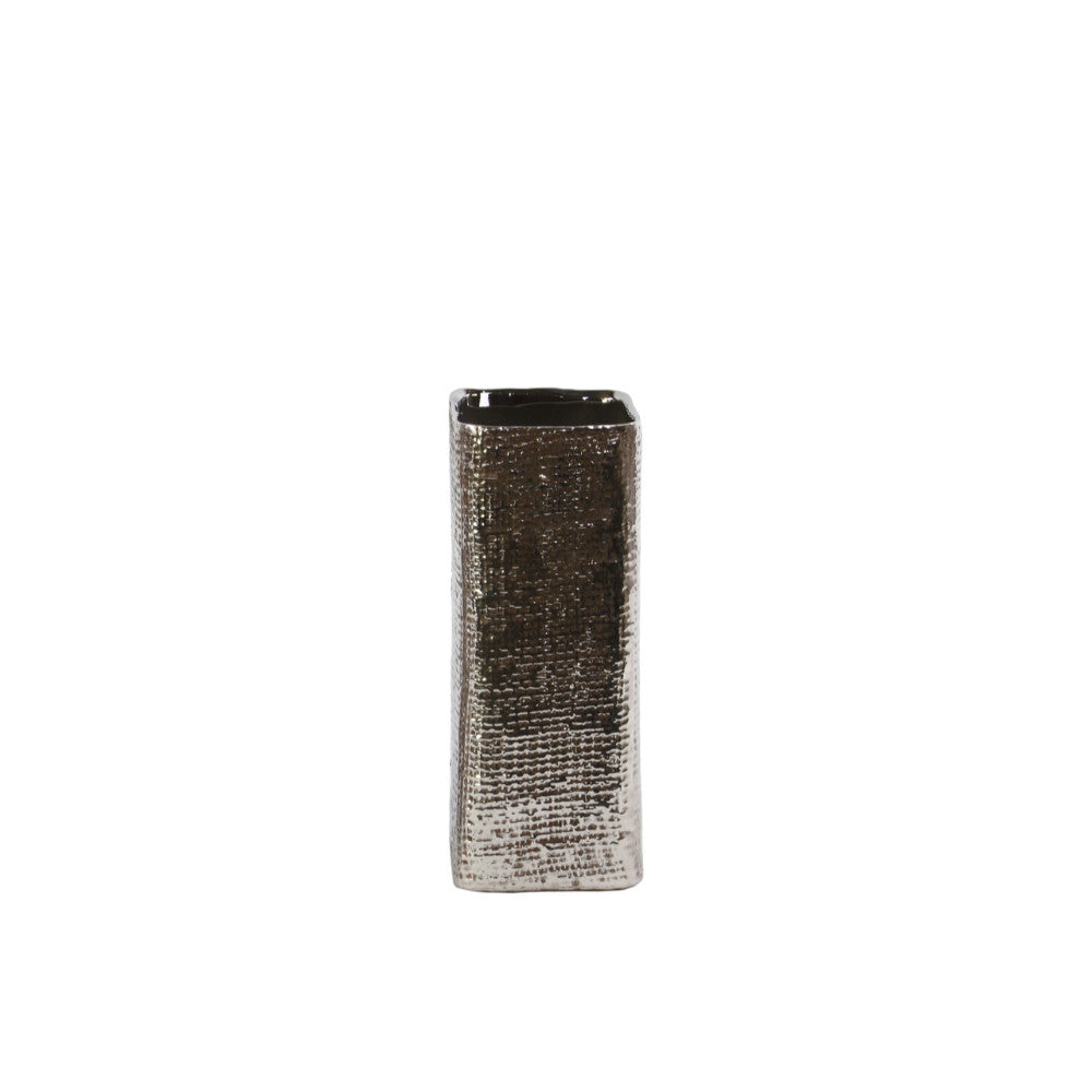 Tall Square Vase with Engraved Criss Cross Design - Small - Silver