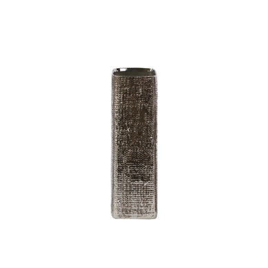 Tall Square Vase with Engraved Criss Cross Design - Medium - Silver