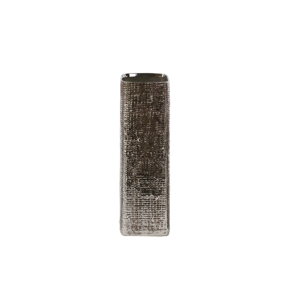 Tall Square Vase with Engraved Criss Cross Design - Medium - Silver
