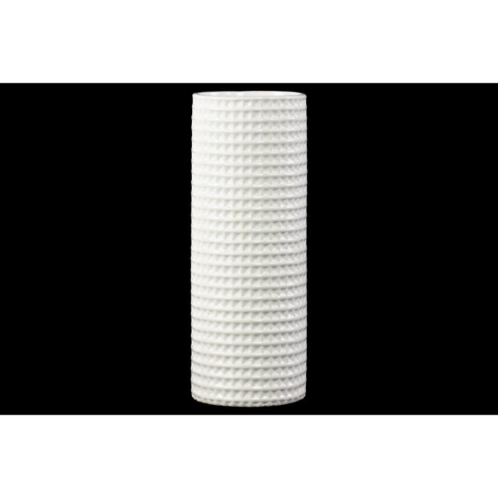 Tall Elegant Round Vase, Dimpled Motif- White- Benzara
