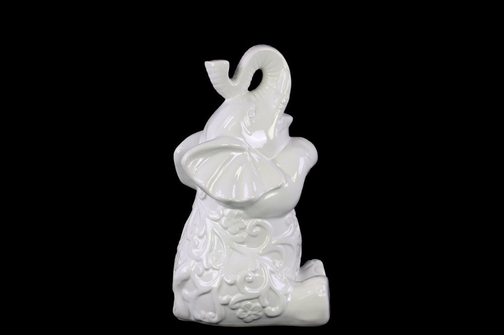 Trumpeting and Sitting Up Elephant Figurine Medium - White - Benzara
