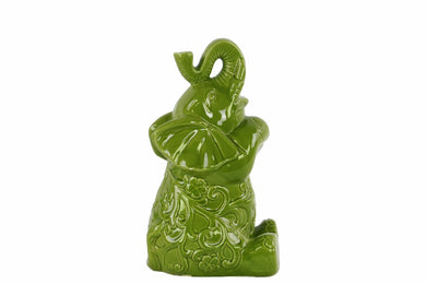 Trumpeting and Sitting Up Elephant Figurine Medium - Green - Benzara