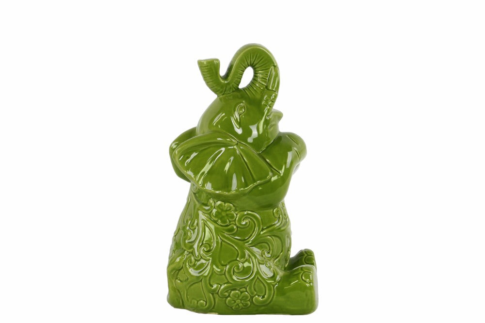 Trumpeting and Sitting Up Elephant Figurine Medium - Green - Benzara