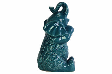 Trumpeting and Sitting Up Elephant Figurine Large - Blue - Benzara