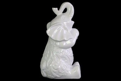 Trumpeting and Sitting Up Elephant Figurine Large - White - Benzara