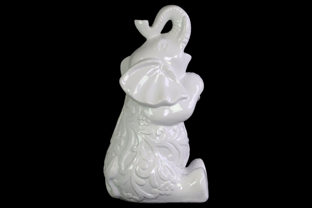 Trumpeting and Sitting Up Elephant Figurine Large - White - Benzara