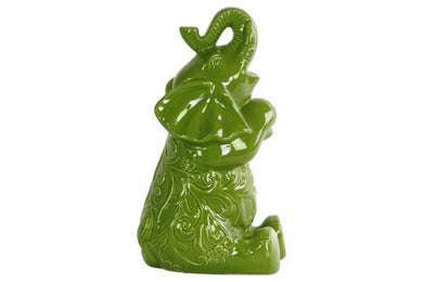 Trumpeting and Sitting Up Elephant Figurine Large - Green - Benzara