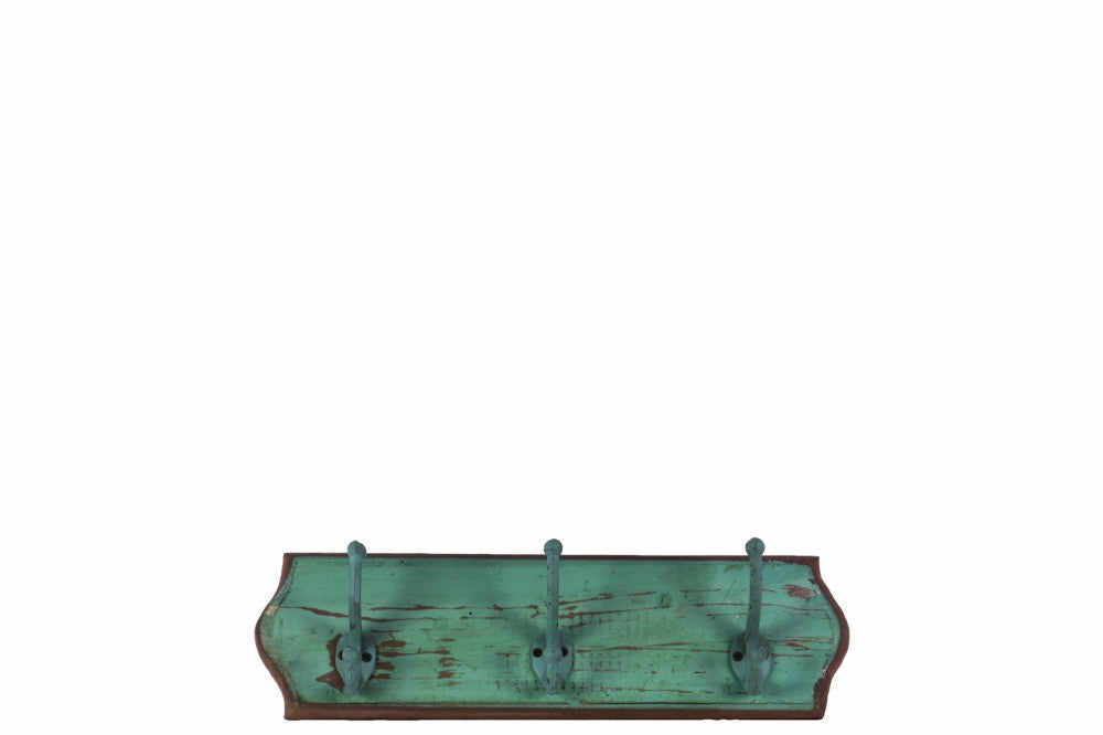 Wood Wall Hanger with 3 Double Hooks Small - Green - Benzara
