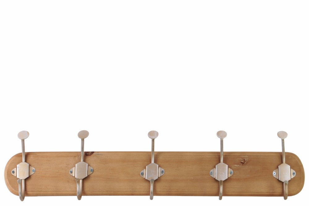 Wood Hanger with 5 Metal Gold Double Hooks Large - Brown - Benzara