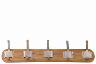 Wood Hanger with 5 Metal Hooks Large Varnished Wood Finish - Brown - Benzara