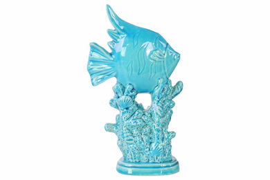 Angelfish Sculpture on Coral Pedestal Gloss Finish Blue - Benzara