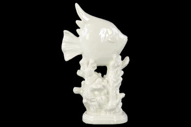 Angelfish Sculpture on Coral Pedestal Gloss Finish White - Benzara