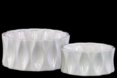 Aesthetic Dimpled Round Pot Set of Two-White- Benzara