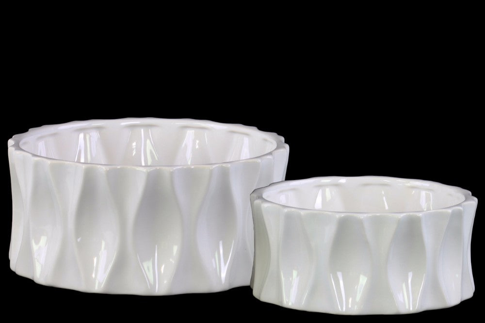 Aesthetic Dimpled Round Pot Set of Two-White- Benzara