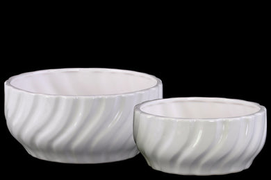Wide Rippled Round Pot with Tapered Bottom Set of Two- White- Benzara