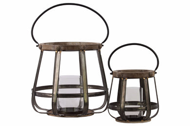 Wood Round Lantern with Handle - Set of 2 - Brown - Benzara