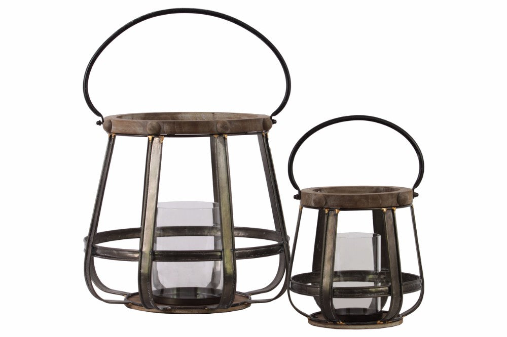 Wood Round Lantern with Handle - Set of 2 - Brown - Benzara