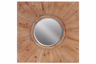 Wood Round Wall Mirror with Square Frame - Brown - Benzara