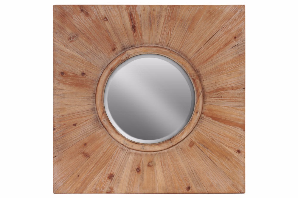 Wood Round Wall Mirror with Square Frame - Brown - Benzara
