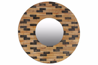 Wood Round Wall Mirror with Brick Design Frame - Brown - Benzara