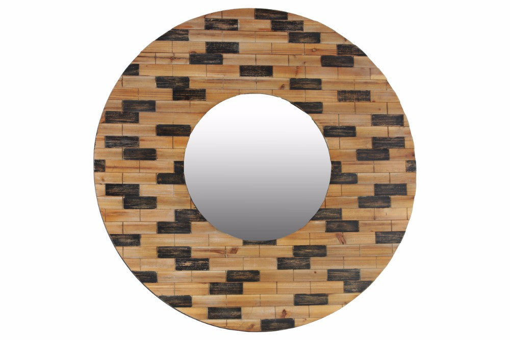 Wood Round Wall Mirror with Brick Design Frame - Brown - Benzara