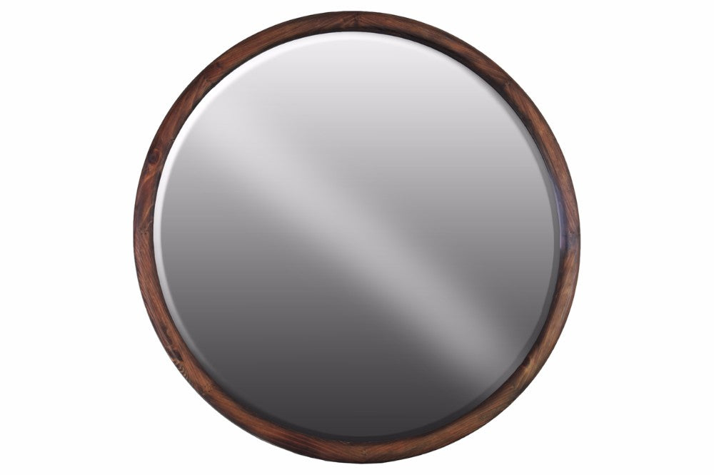 Wood Round Wall Mirror Natural Finish Brown - Benzara