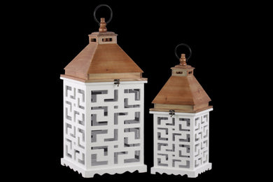 Wood Square Lantern with Lattice Design Body Set of 2 - White - Benzara