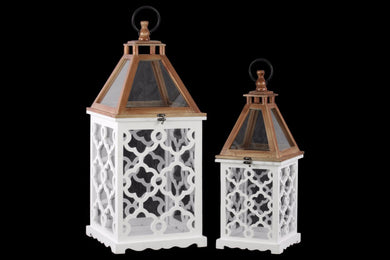 Wood Square Lantern with  Glass Top - Set of 2 - White - Benzara