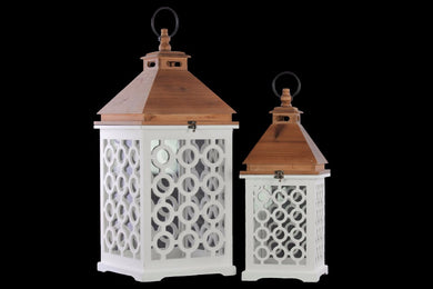 Wood Square Lantern with Pierced Metal Top Set of 2 - White - Benzara