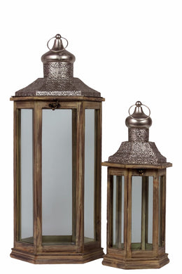 Wood Hexagonal Lantern with Pierced Metal Top - Brown - Benzara