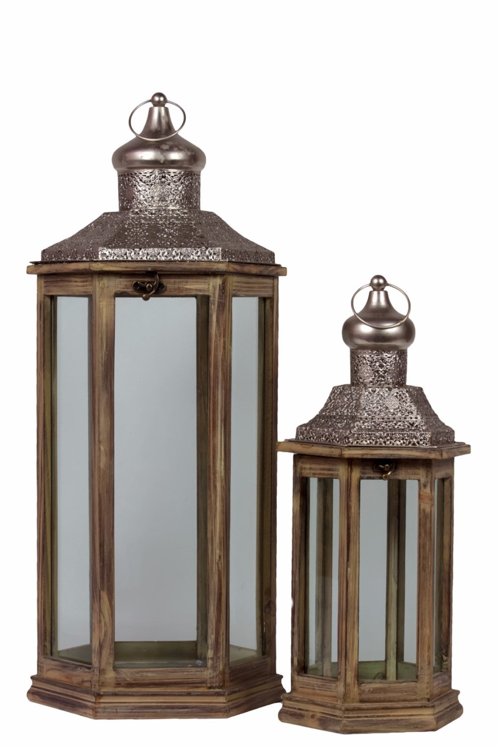 Wood Hexagonal Lantern with Pierced Metal Top - Brown - Benzara