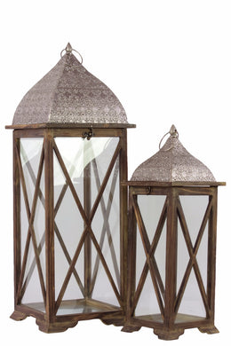 Wood Square Lantern with Glass Sides Set of 2 - Brown - Benzara