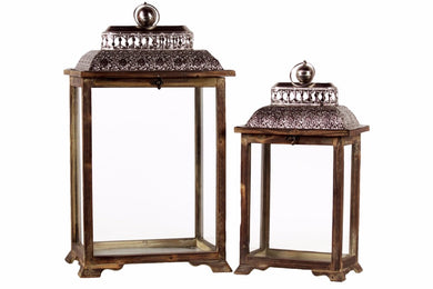 Wood Lantern with Pierced Metal Top Set of 2 - Brown - Benzara