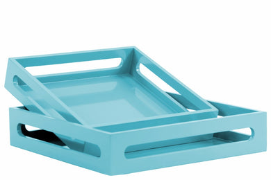 Wood Square Serving Tray with Cutout Handles Set of 2 - Blue - Benzara