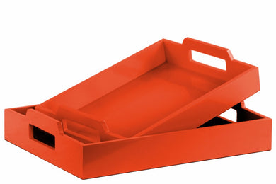 Wood Rectangular Serving Tray with Cutout Handles Set of 2 - Orange - Benzara