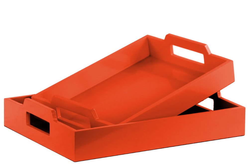 Wood Rectangular Serving Tray with Cutout Handles Set of 2 - Orange - Benzara