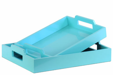Wood Rectangular Serving Tray with Cutout Handles Set of 2 - Blue - Benzara