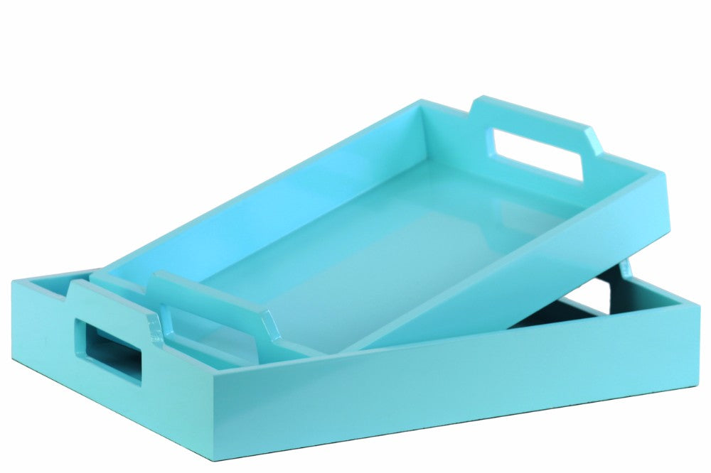 Wood Rectangular Serving Tray with Cutout Handles Set of 2 - Blue - Benzara