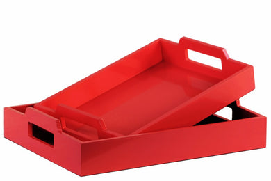 Wood Rectangular Serving Tray with Cutout Handles Set of 2 - Red - Benzara