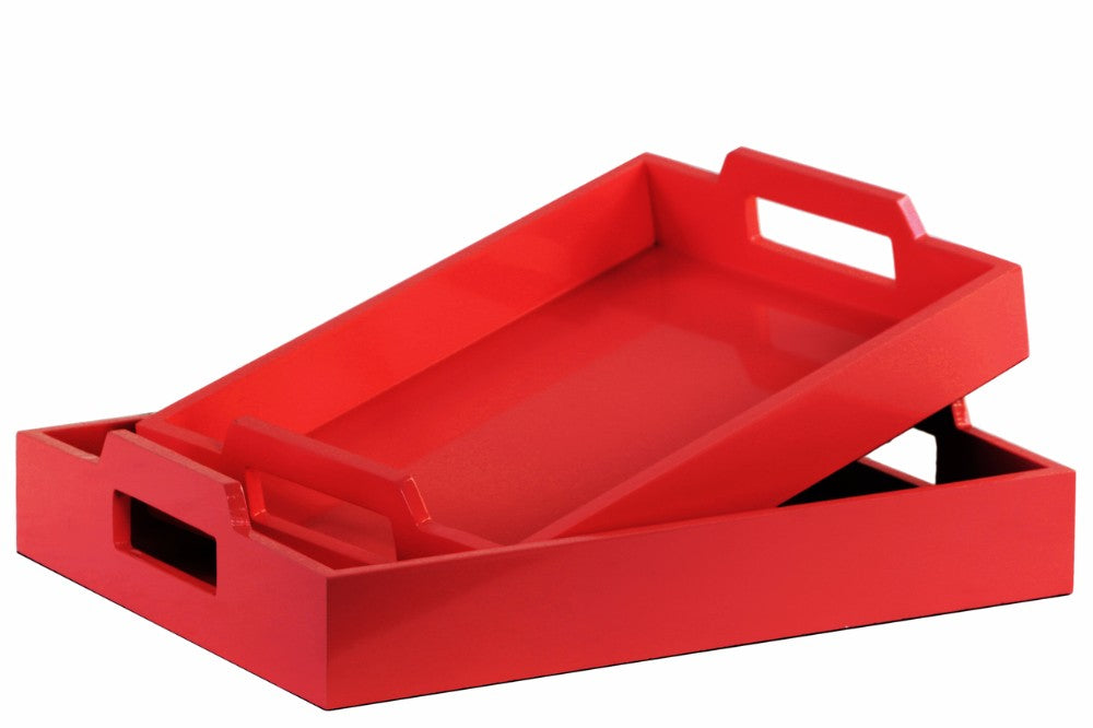 Wood Rectangular Serving Tray with Cutout Handles Set of 2 - Red - Benzara