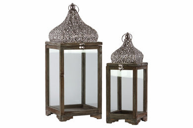 Wood Lantern with Pierced Metal Top and Ring Hanger Set of 2- Brown- Benzara
