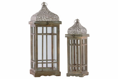 Window Pane Design Wood Lantern with Ring Handle Set of 2- Brown- Benzara