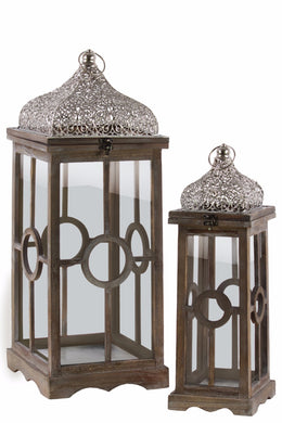 Window Pane Design Wood Lantern with Ring Handle Set of Two- Brown- Benzara