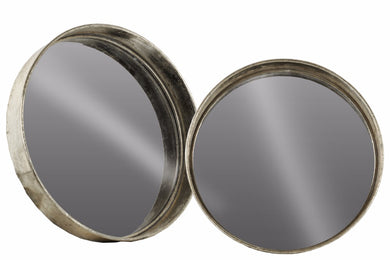 Antique Metal Round Wall Mirror Set of Two Tarnished- Silver- Benzara