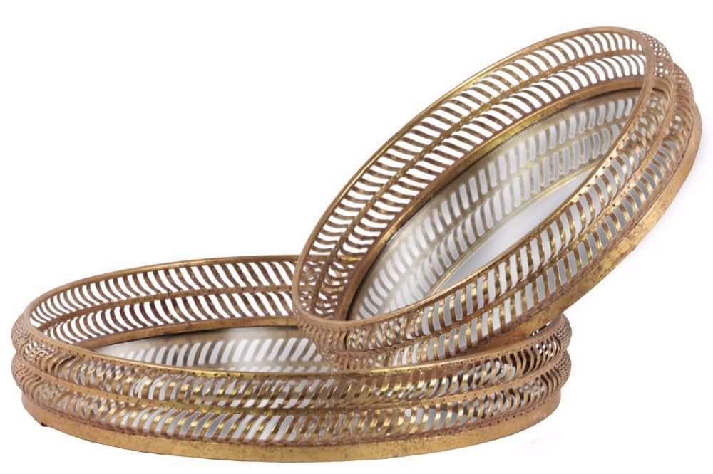 Wall Mirror with Diagonal Lines Pierced Design Frame Set of Two- Gold - Benzara