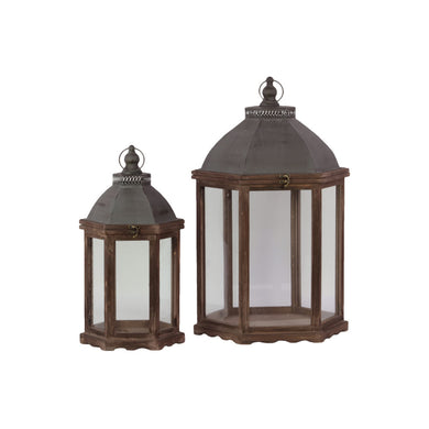 Wood Hexagonal Lantern with Cast Iron Top- Set of Two- Brown- Benzara